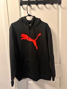 Men Puma Black Hoodie with Bright Red Puma Logo